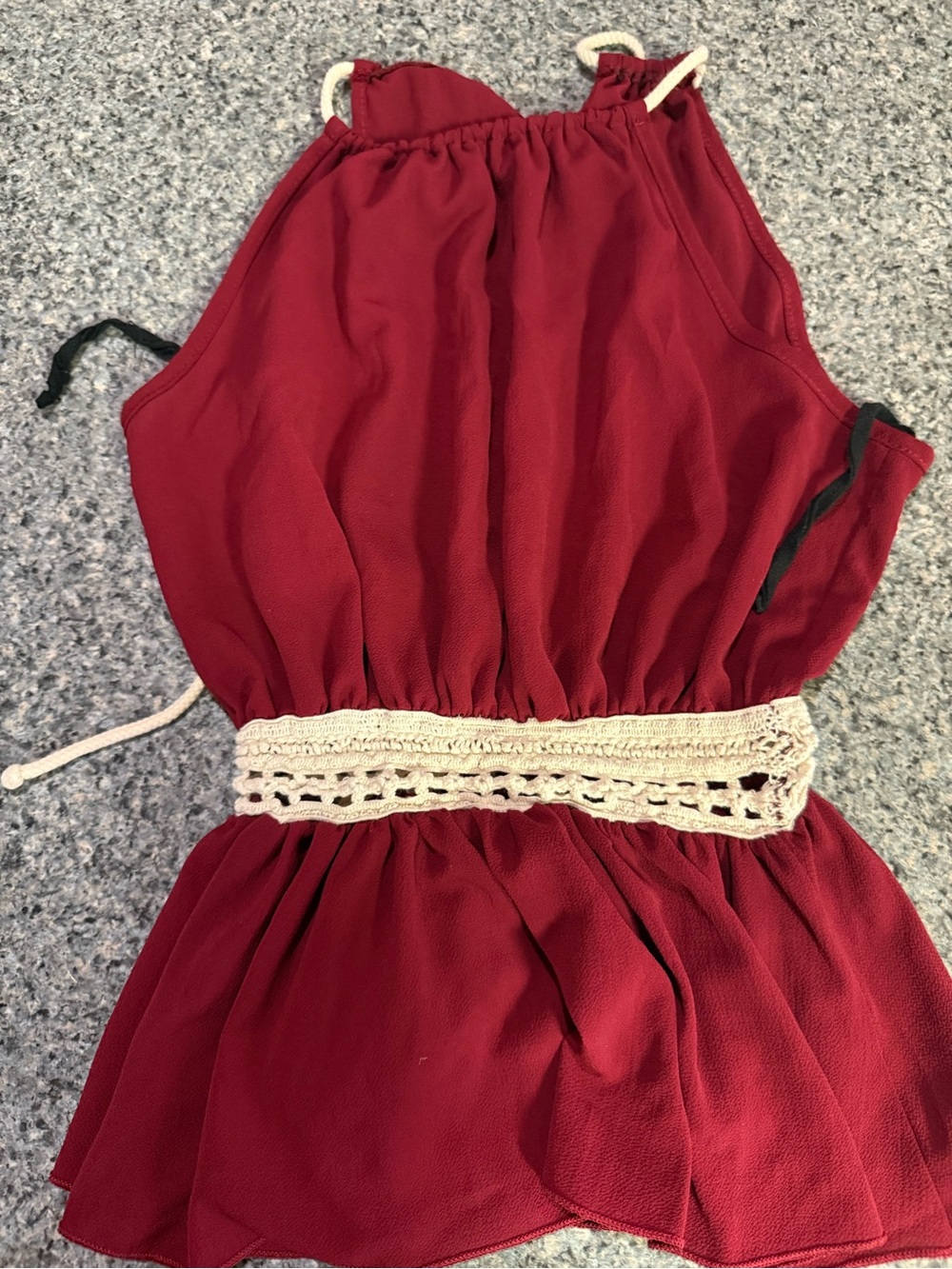 Fashion Magazine Burgundy Sleeveless Blouse with Crochet Waist